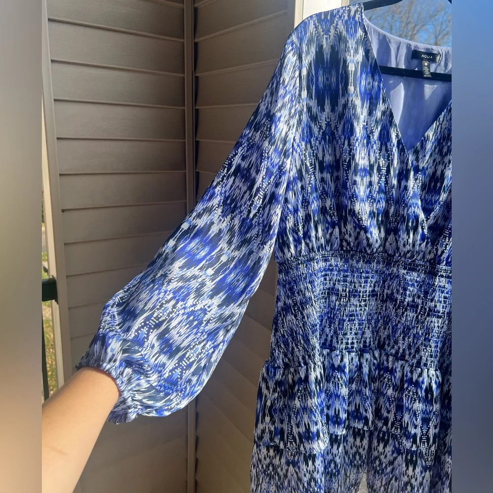 🆕🦋AQUA Blue Ikat Print Smocked Tiered Mini Dress Size XXL Boho Chicupoo Casual